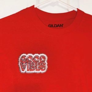 red custom “good vibes” tee